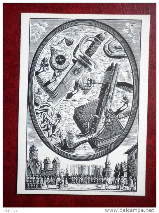 gun - sword - Gulliver's Travels by Jonathan Swift - book - engravings by S. Harlamov - Russia USSR - 1976 - unused - JH Postcards