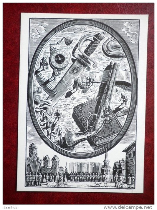 gun - sword - Gulliver's Travels by Jonathan Swift - book - engravings by S. Harlamov - Russia USSR - 1976 - unused - JH Postcards