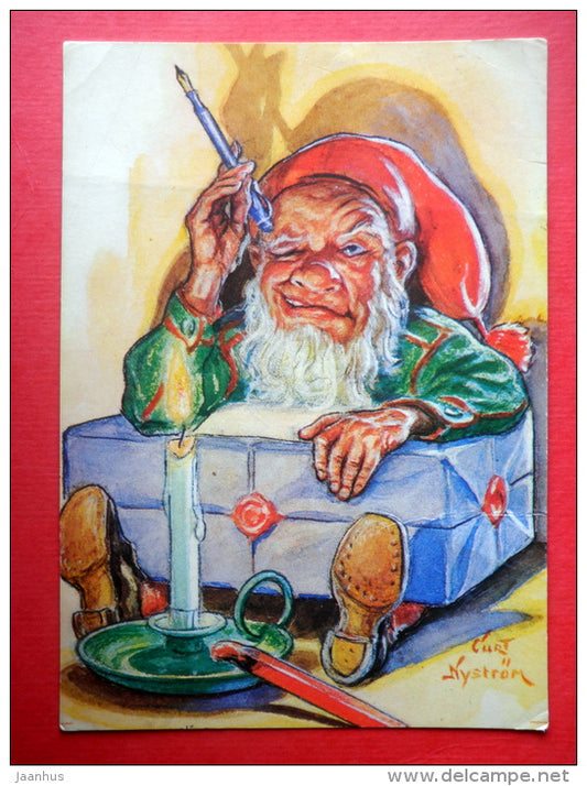 Christmas Greeting Card by Curt Nyström - dwarf - gift - candle - 3653/4 - Finland - sent from Finland to Estonia 1979 - JH Postcards