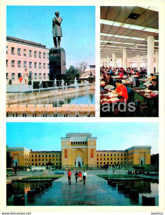 Almaty - Alma-Ata - monument to Chokan Valikhanov - Pushkin Library - 1974 - Kazakhstan USSR - unused - JH Postcards