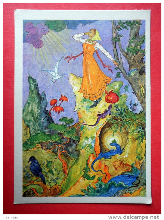illustration - lizards - crow - Danila the Master by P. Bazhov - 1968 - Russia USSR - unused - JH Postcards