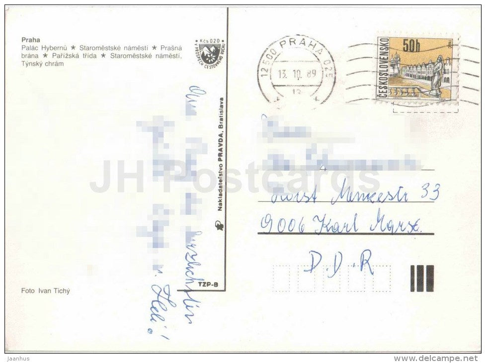 Praha - Prague - Hybernu palace - Old Town Squre - Powder Tower - Parizska street - Czechoslovakia - Czech - used 1989 - JH Postcards