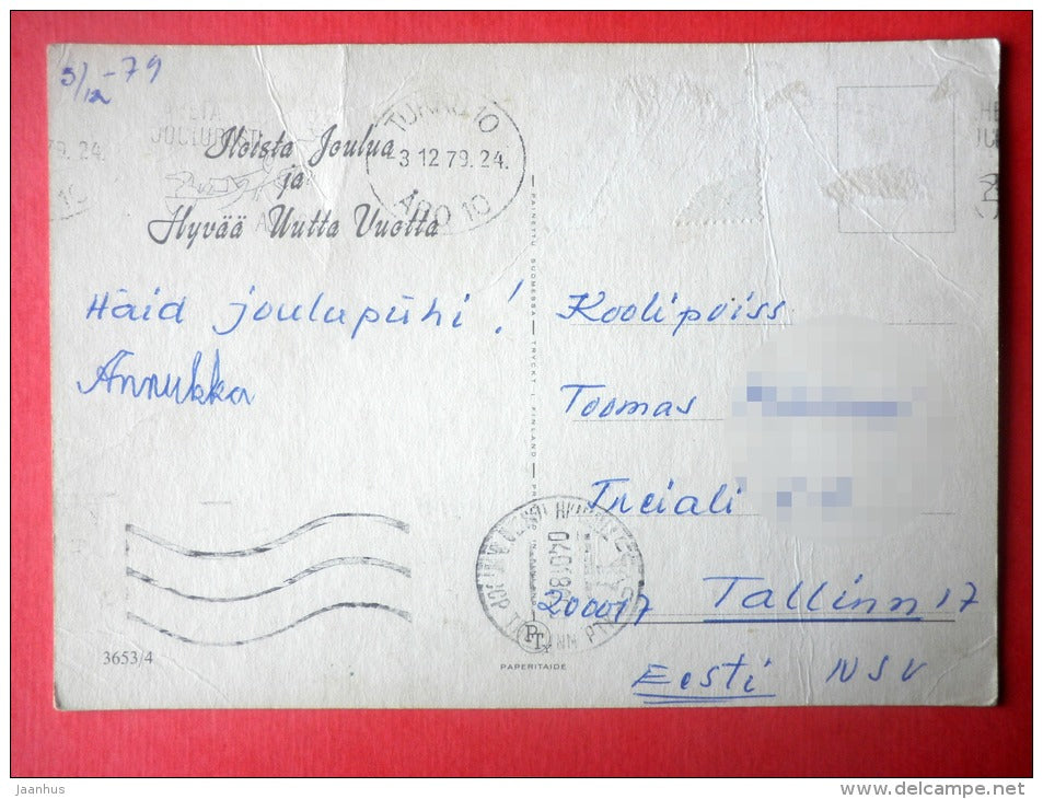 Christmas Greeting Card by Curt Nyström - dwarf - gift - candle - 3653/4 - Finland - sent from Finland to Estonia 1979 - JH Postcards