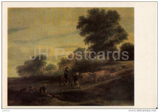 painting by Adriaen van Ostade - Landscape with shepherds and herd , 1645 - Dutch art - Russia USSR - 1985 - unused - JH Postcards