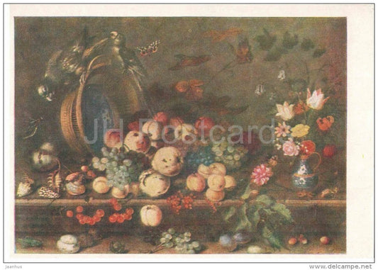painting by Balthasar van der Ast - Still Life . Fruits - apple - grape - peach - flowers - birds - dutch art - unused - JH Postcards