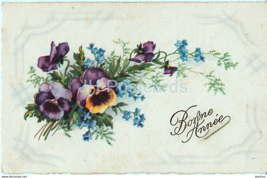 Birthday Greeting Card - Bonne Fete - flowers - pansy - MD Paris 1302 - illustration - old postcard - France - used - JH Postcards