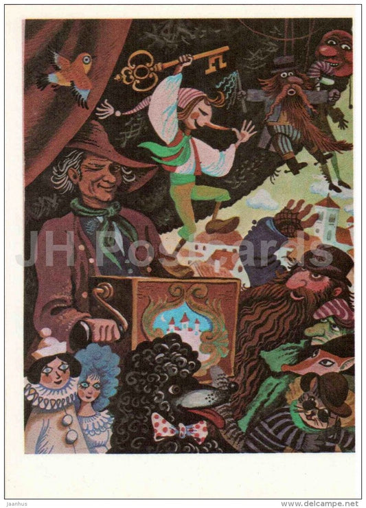 Karabas . Pierrot , Malvina - barrel organ - Golden Key - Pinocchio and Buratino - 1983 - Russia USSR - unused - JH Postcards