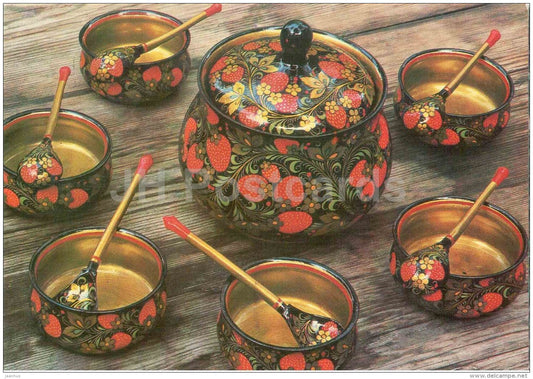 Pieces from Honey Set - spoons - Semyonovskaya khokhloma - russian handicraft - 1981 - Russia USSR - unused - JH Postcards