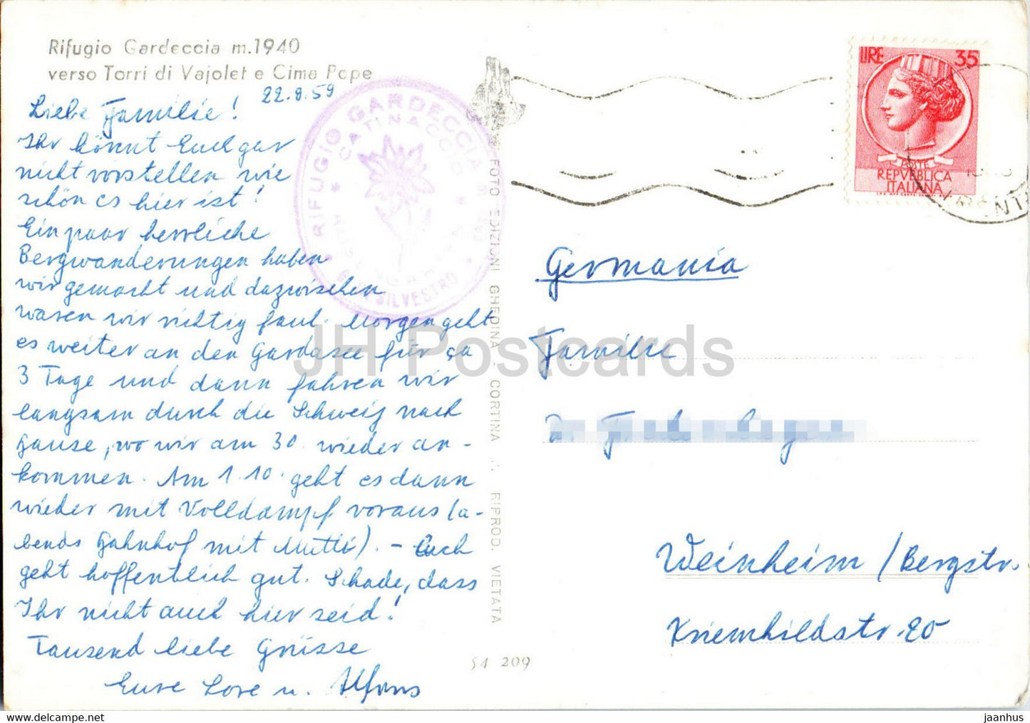 Rifugio Gardeccia - verso Torri di Vajolet e Cima Pope - old postcard - 1959 - Italy - used