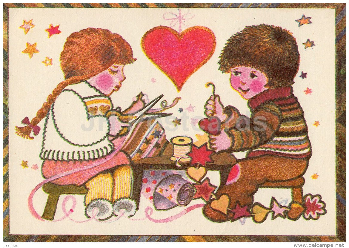 New Year Greeting card by A. Aare - decorations - children - 1981 - Estonia USSR - used - JH Postcards