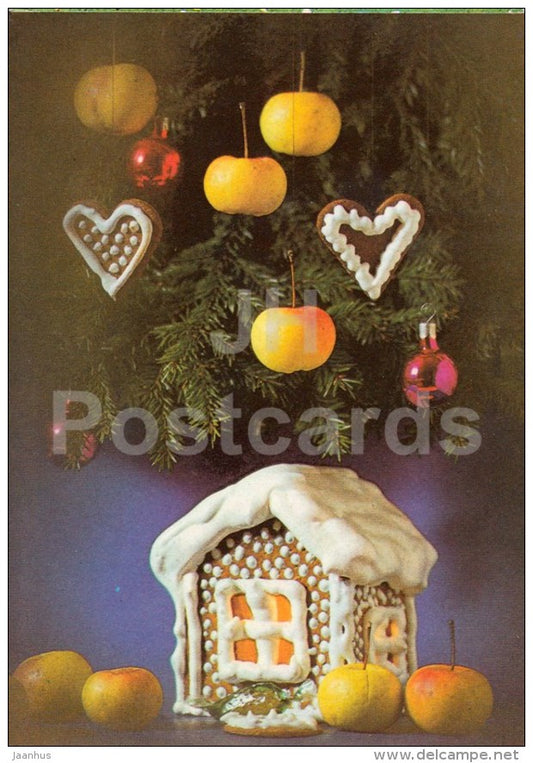 New Year Greeting card - 1 - gingerbread house - decorations - apples - 1987 - Estonia USSR - used - JH Postcards