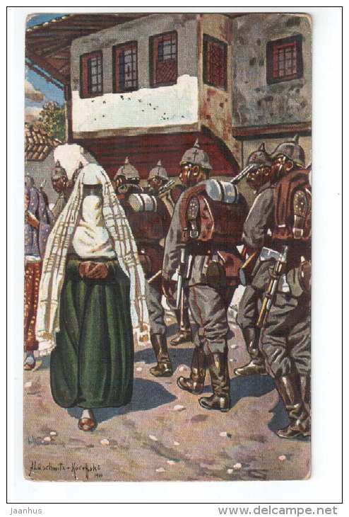 illustration by Koreffski - Deutsche Truppen ziehen durch Mitrowitza - WWI - Serie 101 - old postcard  - unused - JH Postcards