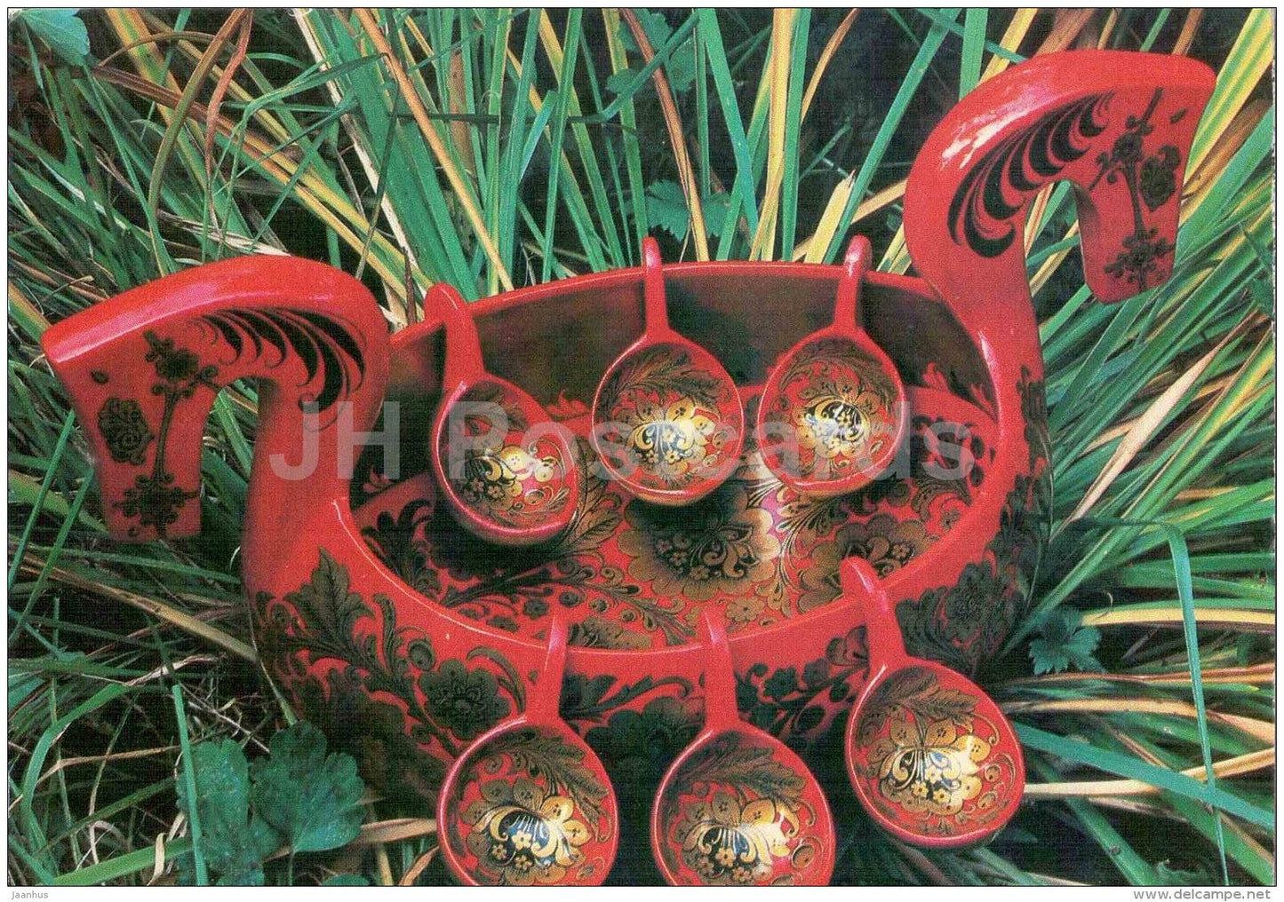 Horse Dipper with six miniature Dippers - Semyonovskaya khokhloma - russian handicraft - 1981 - Russia USSR - unused - JH Postcards