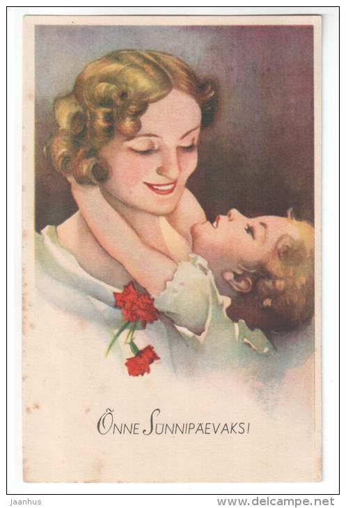 birthday greeting card - Mother and child - flowers - HM - old postcard - circulated in Estonia 1943 - used - JH Postcards