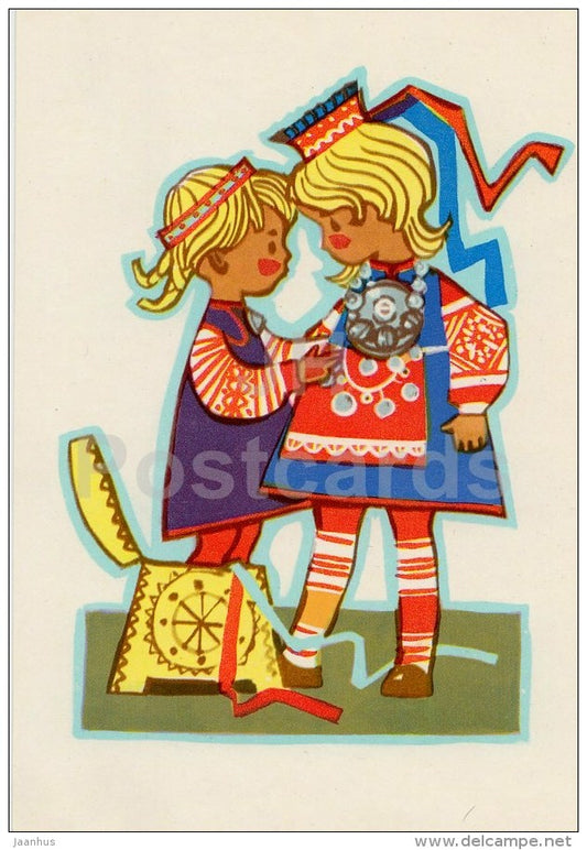 illustration by M. Fuks - girls - Estonian Folk Costumes - 1969 - Estonia USSR - unused - JH Postcards