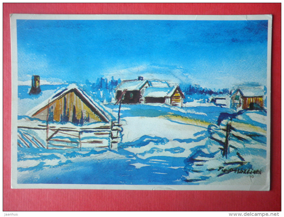 illustration by P. Hällinen - farm - village - 4620 - Finland - sent from Finland Turku to Estonia USSR 1980 - JH Postcards