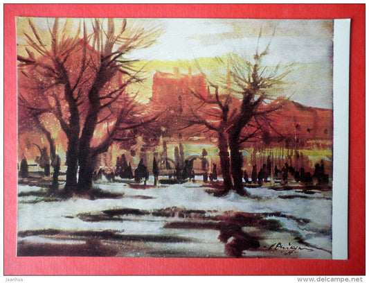 painting by P. Duskins - Thaw in the Town . 1967 - aquarelle - latvian art - unused - JH Postcards