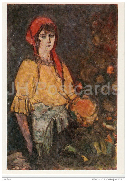 painting by Augustinas Savickas - Southerner , 1962 - woman - Lithuanian art - 1977 - Russia USSR - unused - JH Postcards