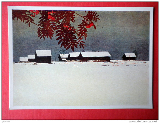 painting by Myud Mechev - First Snow in Zaozerye , 1964 - rowan tree - russian art - unused - JH Postcards