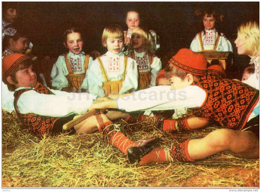 New Year Greeting Card - folk costumes - playing boys - 1976 - Estonia USSR - used - JH Postcards