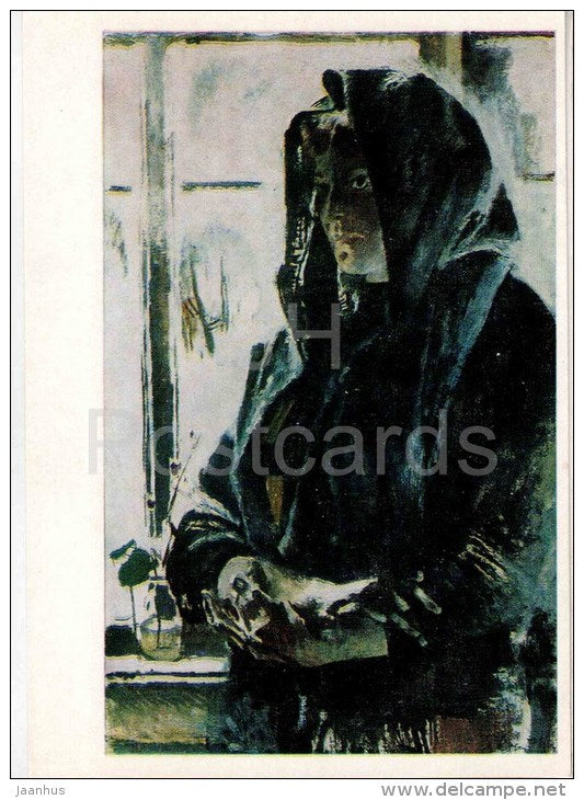 painting by E. Moiseenko - Portrait of a Woman , 1971 - window - russian art - unused - JH Postcards