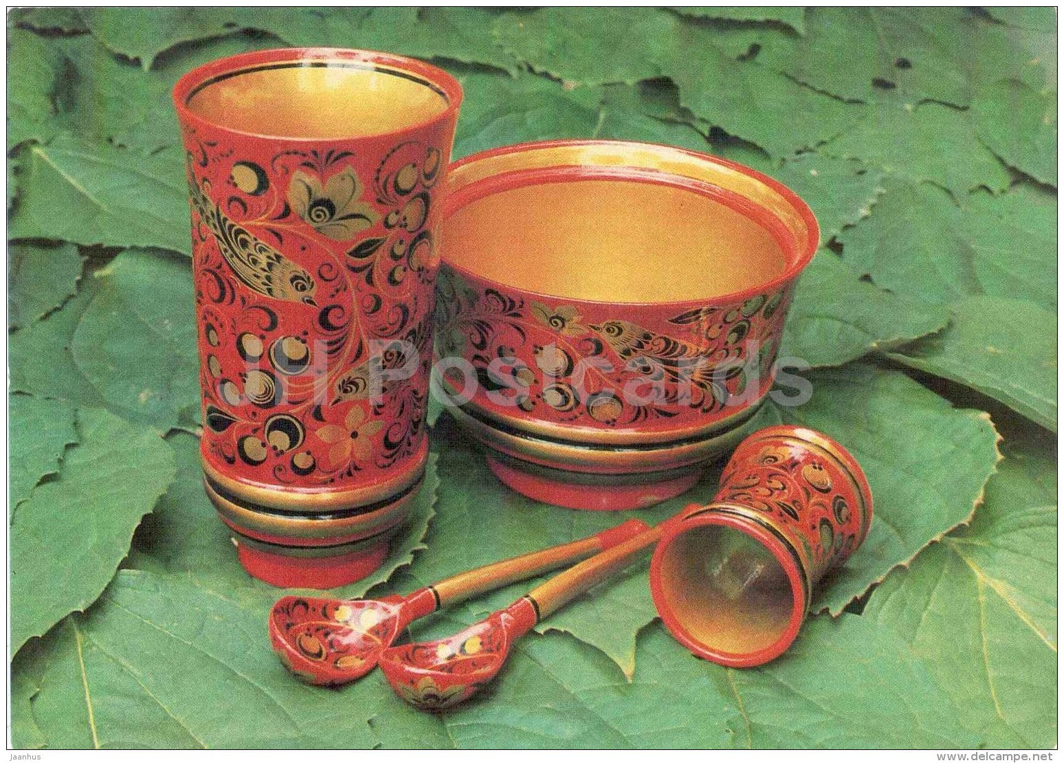 pieces from Tea and Coffee Set - spoons - Semyonovskaya khokhloma - russian handicraft - 1981 - Russia USSR - unused - JH Postcards