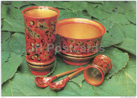 pieces from Tea and Coffee Set - spoons - Semyonovskaya khokhloma - russian handicraft - 1981 - Russia USSR - unused - JH Postcards