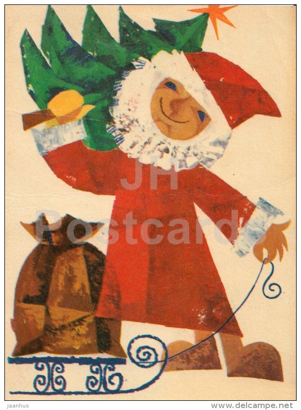 New Year Greeting card by I. Sampu-Raudsepp - Santa Claus - sledge - tree - 1969 - Estonia USSR - used - JH Postcards