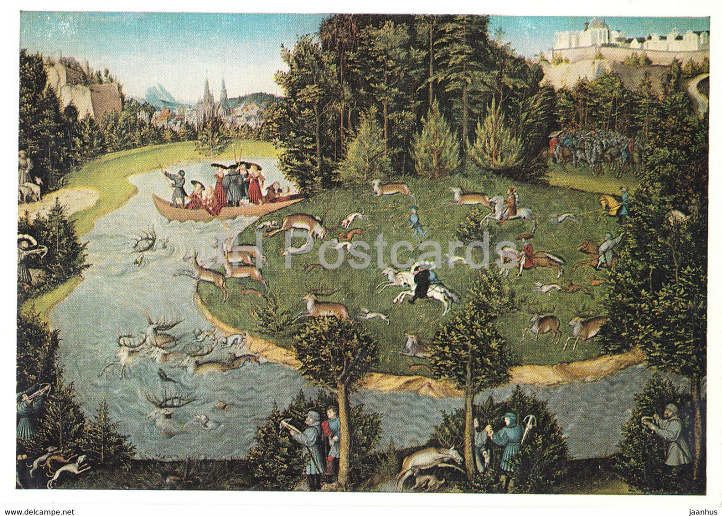 painting by Lucas Cranach the Elder - Die Hirschjagd des Kurfursten Friedrich - 1671 - German art - Germany DDR - unused - JH Postcards