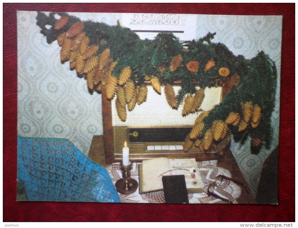 New Year Greeting card - cones - old radio - candle - Holy Bible - 1989 - Estonia USSR - used - JH Postcards