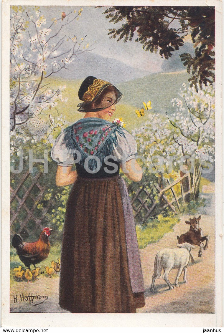 Madchen aus dem Muhlenbachtal - folk costumes - chicken - dog - illustration by H. Hoffmann - old postcard - unused - JH Postcards