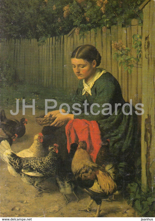 painting by Hans Thoma - Huhner futterndes Madchen - Girl feeding chickens - German art - Germany - used - JH Postcards