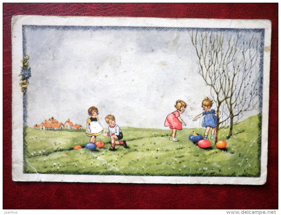 Easter Greeting Card - children - eggs - meadow - unused - JH Postcards