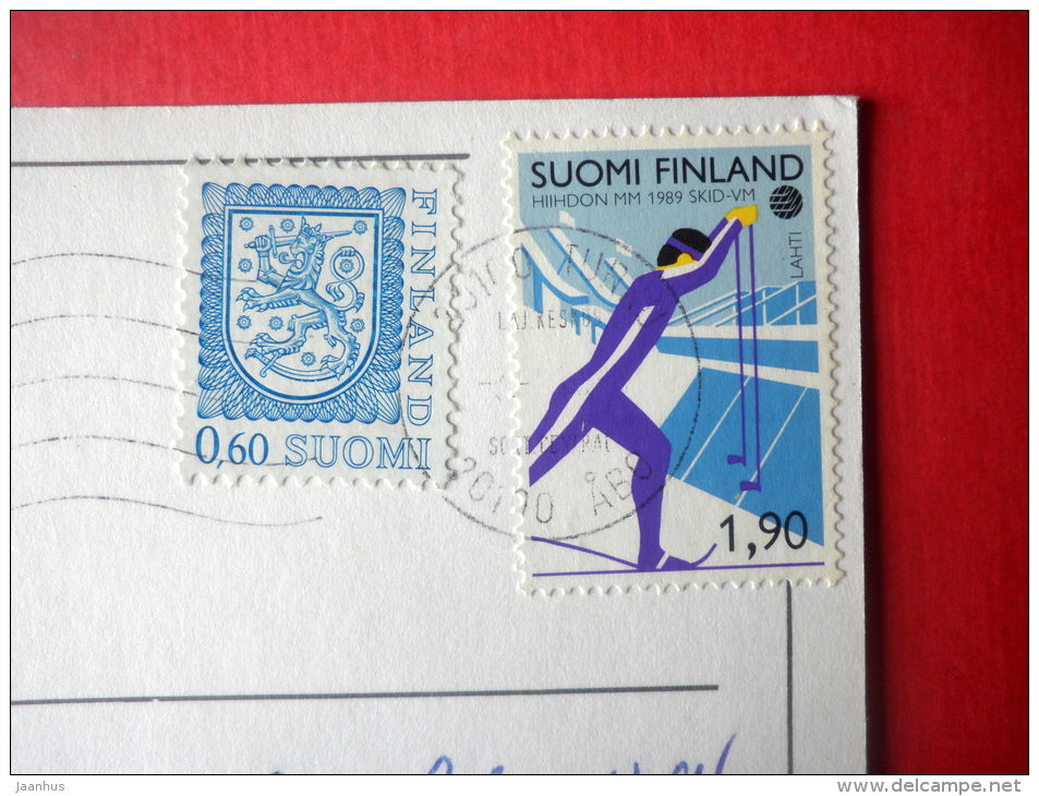 illustration - girl - door - skiing - 8221006 - Finland - sent from Finland to Estonia USSR 1989 - JH Postcards
