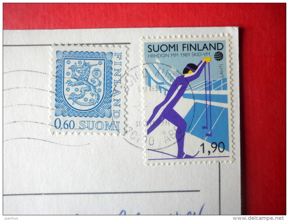 illustration - girl - door - skiing - 8221006 - Finland - sent from Finland to Estonia USSR 1989 - JH Postcards