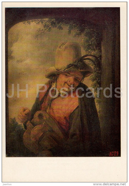 painting by Adriaen van Ostade - Musician , 1648 - Hurdy-gurdy - hat - Dutch art - Russia USSR - 1985 - unused - JH Postcards