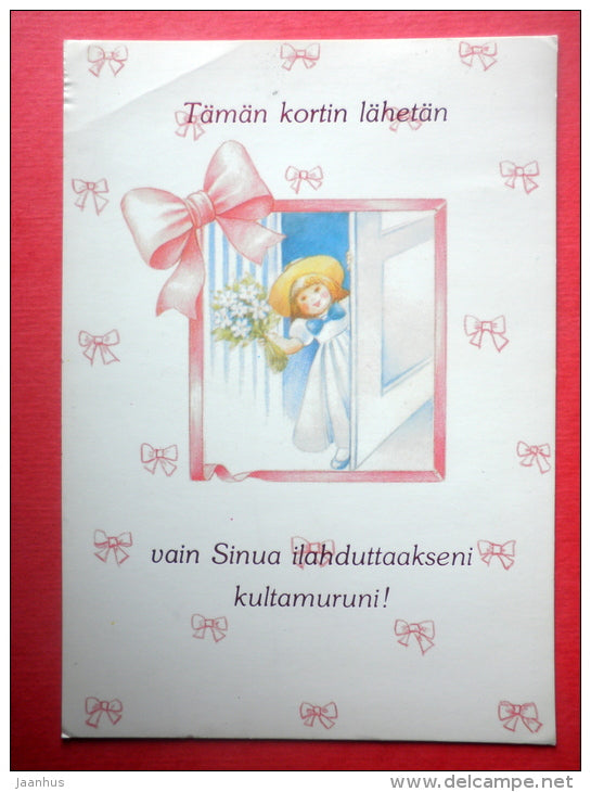 illustration - girl - door - skiing - 8221006 - Finland - sent from Finland to Estonia USSR 1989 - JH Postcards