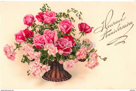 Birthday Greeting Card - Heureux Anniversaire - flowers in a basket - 720 - illustration - old postcard - France - used - JH Postcards