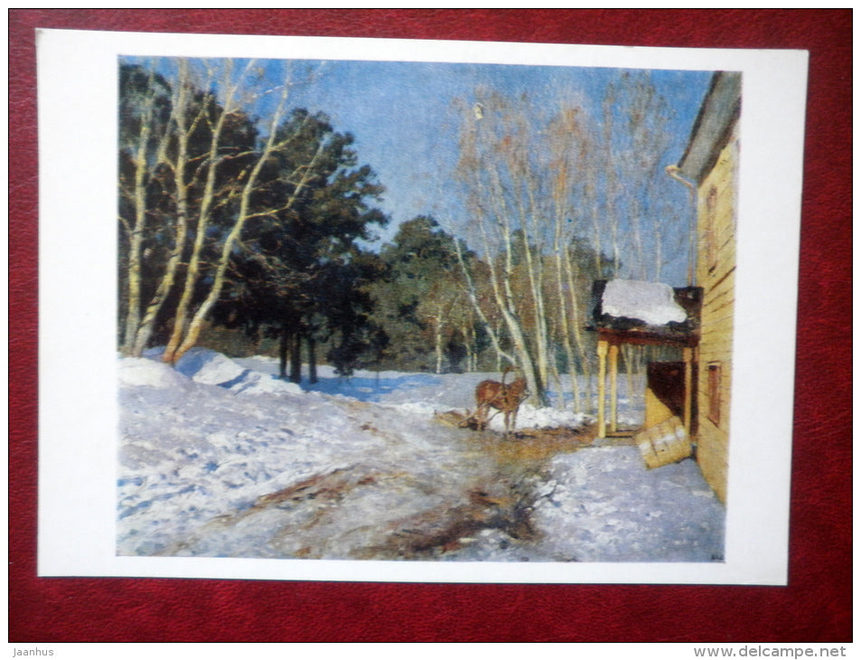 painting by  Isaac Levitan - March month , 1895 - horse - russian art - unused - JH Postcards