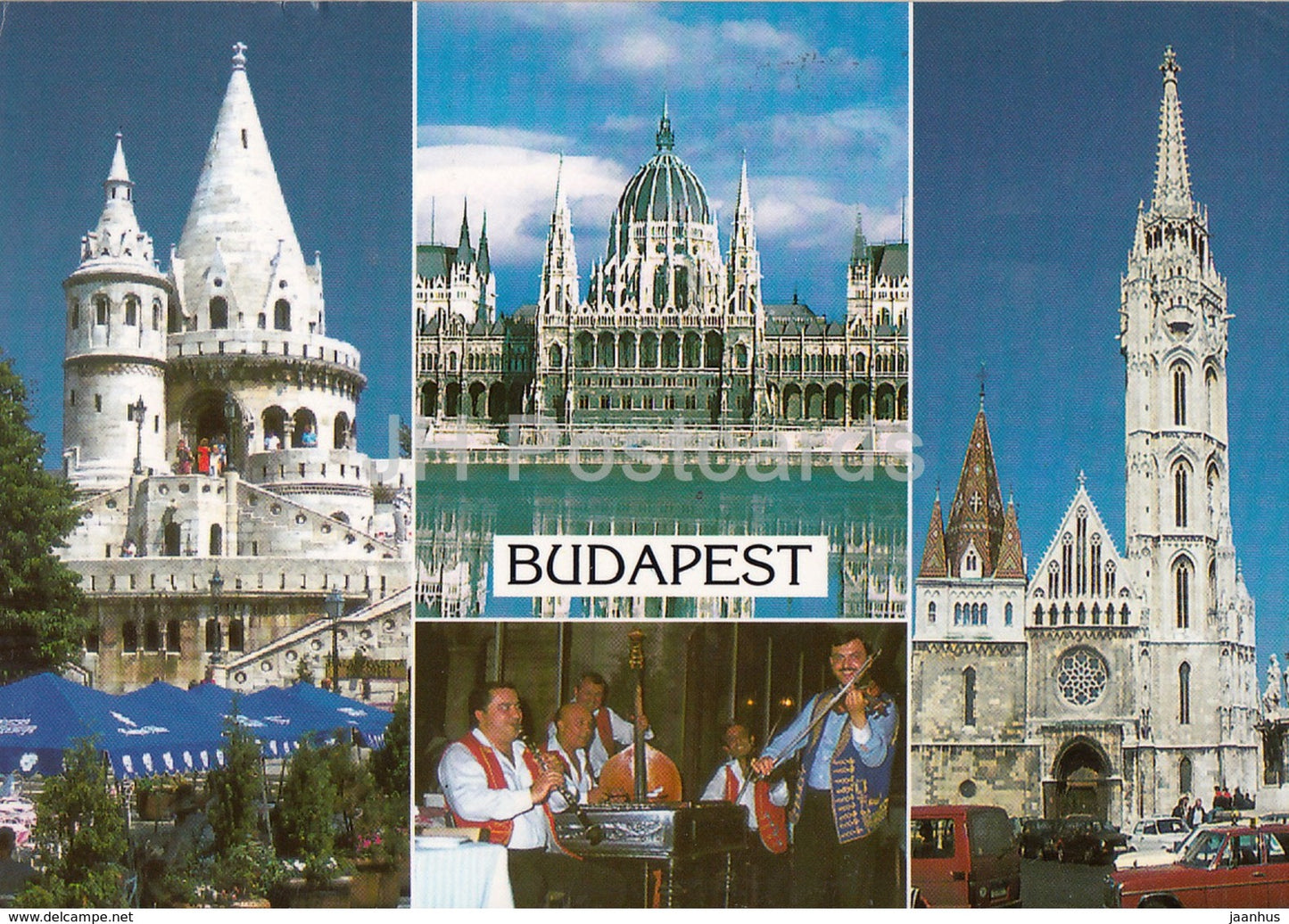 Greetings from Budapest - parliament - cathedral - castle - musicians - architecture - 2003 - Hungary - used - JH Postcards