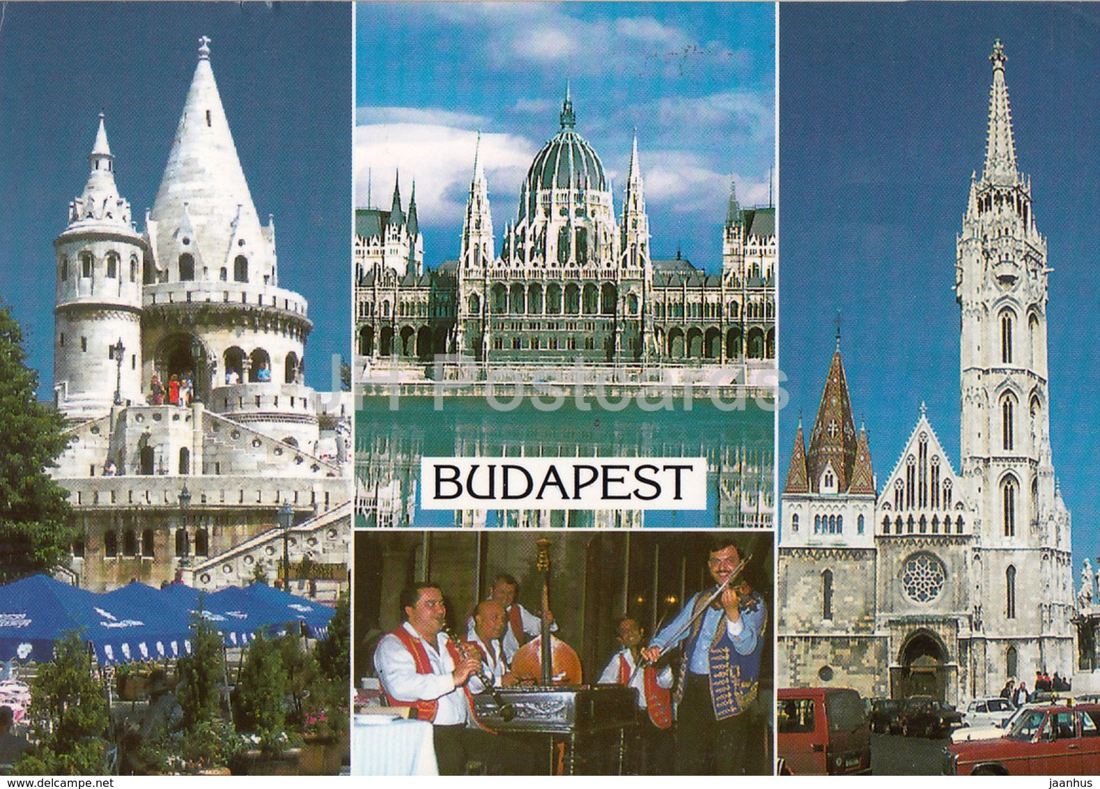 Greetings from Budapest - parliament - cathedral - castle - musicians - architecture - 2003 - Hungary - used - JH Postcards