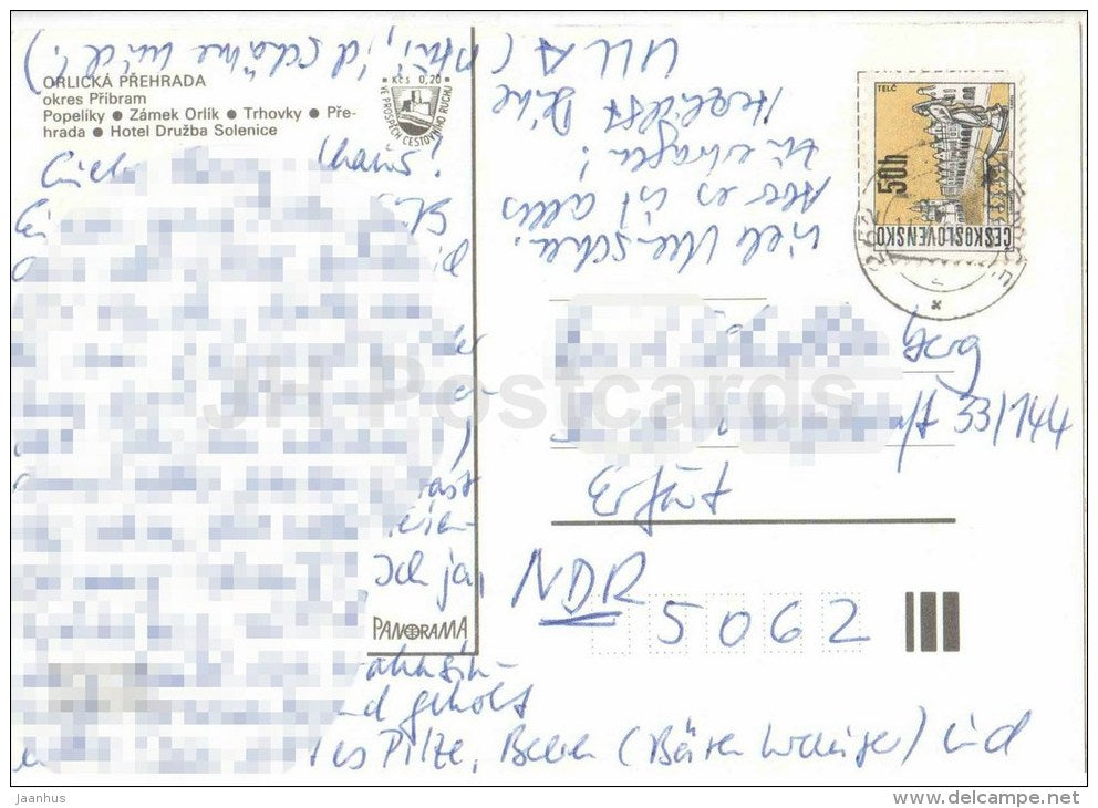 Orlicka Prehrada - Pribram district - Orlik castle - Trhovky - hotel - boat - dam - Czechoslovakia - Czech - used - JH Postcards