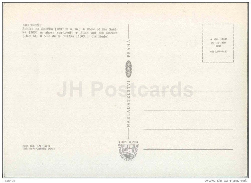 Snezka Mountain view , 1603 m - skiing - Krkonose - Czech - Czechoslovakia - unused - JH Postcards