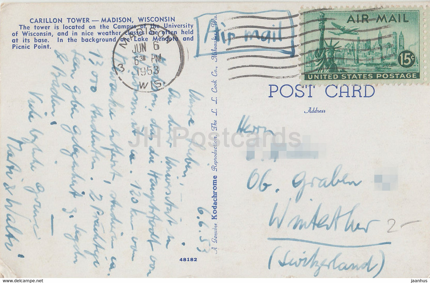 Madison - Carillon Tower - Wisconsin - carte postale ancienne - 1953 - USA - utilisé
