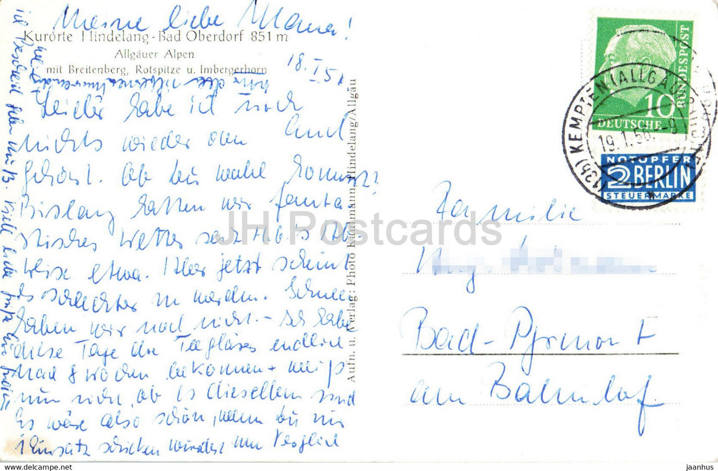Kurorte Hindelang Bad Oberdorf 851 m - Allgauer Alpen - Breitenberg - Rotspitze - old postcard - 1956 - Germany - used