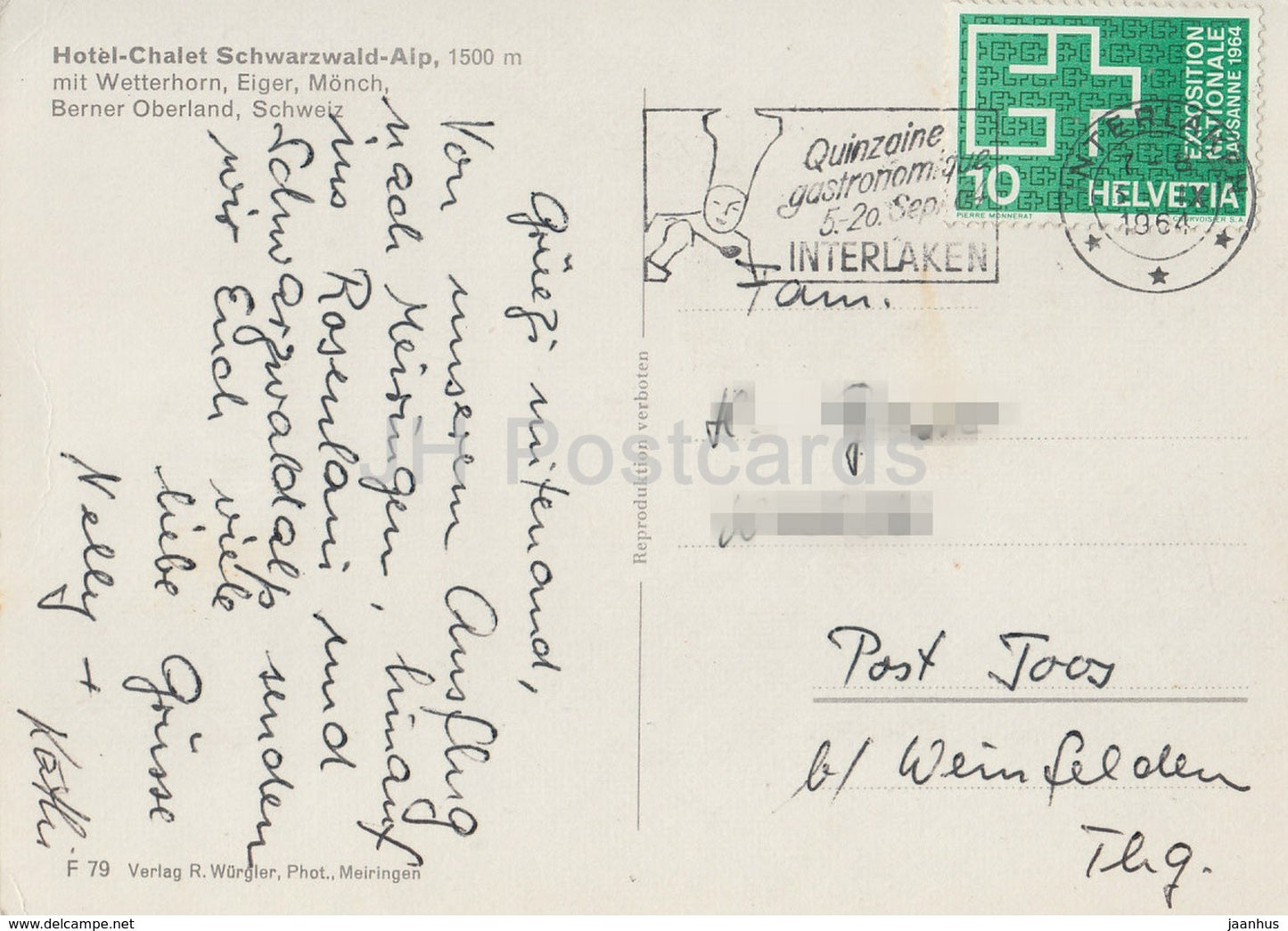 Hotel Chalet Schwarzwald Alp 1500 m - Wetterhorn Eiger Monch - 1964 - Switzerland - used