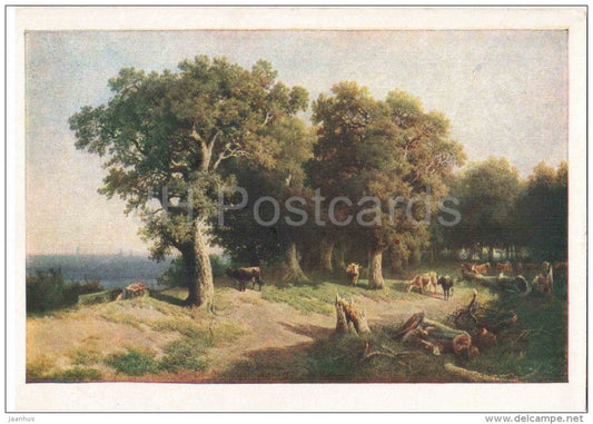 painting by N. Artyganyev - Oak Grove - cow - russian art - unused - JH Postcards