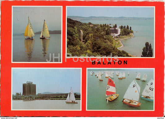 Greetings from lake Balaton - hotel - sailing boat - multiview - 1980 - Hungary - used - JH Postcards