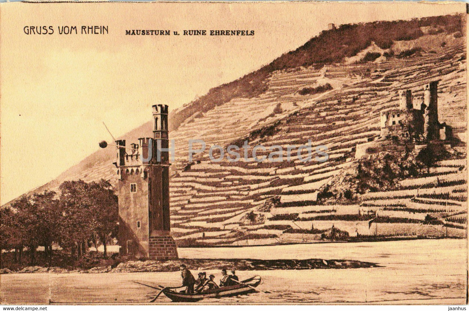 Gruss vom Rhein - Mauseturm u Ruine Ehrenfels - old postcard - Germany - unused - JH Postcards