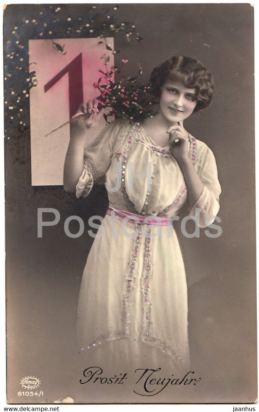 New Year Greeting Card - Prosit Neujahr - woman - Amag 61054/1 - old postcard - Germany - used - JH Postcards